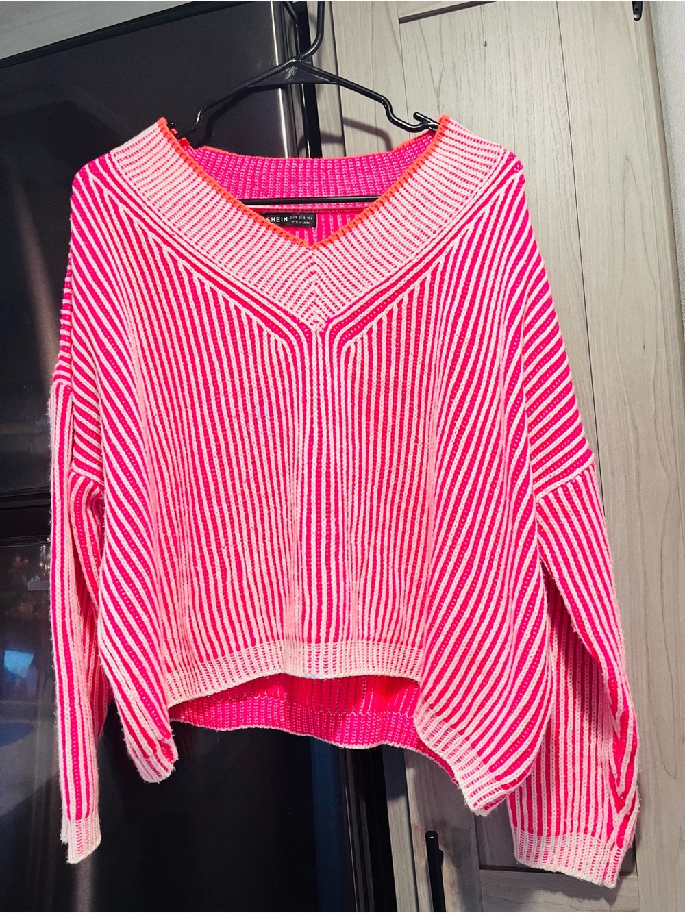 Bright Pink Striped V-Neck Sweater - Unbranded